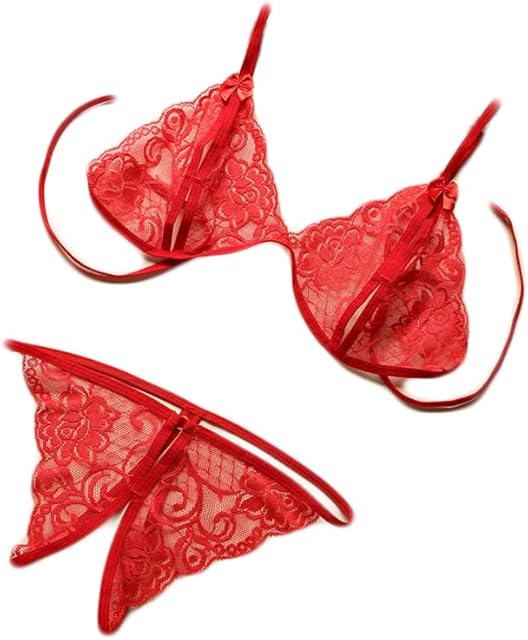 Women's Bra and Panty Set 2 Piece Floral Sheer Lace Lingerie Set Sexy Valentine Underwear Self Tie Bra and Thong Set