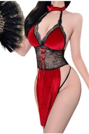 Women's Velvet Sexy Cheongsam Lingerie Dress, Deep V Neck, High Split Nightgown, Babydoll, Chinese Qipao Cosplay