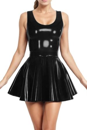 Womens PVC Leather Sleeveless Mini Dress Glossy Party Dress Female Clubwear Nightclub Skater Mini Dress