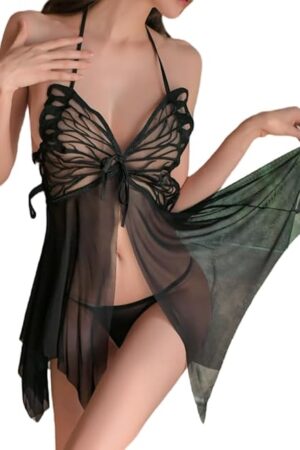 Women Halter Lingerie Sexy Butterfly Pattern Transparent Tulle Front Lace Up Lace Lingerie Set With G-String