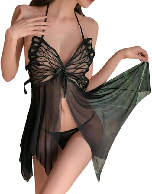 Women Halter Lingerie Sexy Butterfly Pattern Transparent Tulle Front Lace Up Lace Lingerie Set With G-String