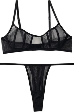 Women's Mesh Sheer Sexy Lingerie Cutout Bra and Panty Set See Through Nightwear Boudoir Outfits