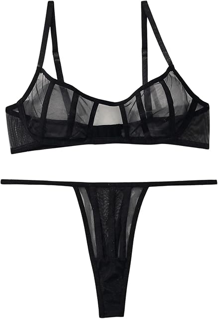 Women's Mesh Sheer Sexy Lingerie Cutout Bra and Panty Set See Through Nightwear Boudoir Outfits