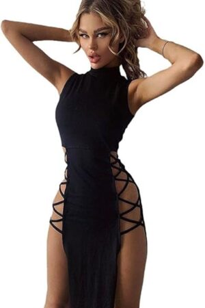 Women's Rave Outfits Sexy Sleeveless High Slit Bodycon Dress Halloween Dresses