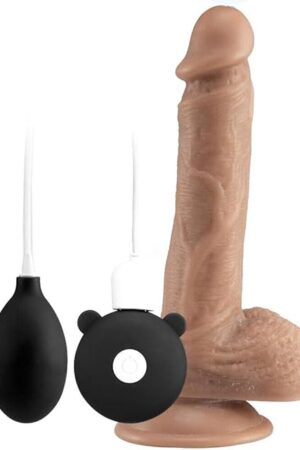 8 inch Remote Control Rechargeable Vibrating Squirting Suction Cup Dildo with Bulb Pump, 10 Function for Ejaculation Fantasies, G-Spot & Anal Stimulation, Strap-On Harness Compatible (Brown)