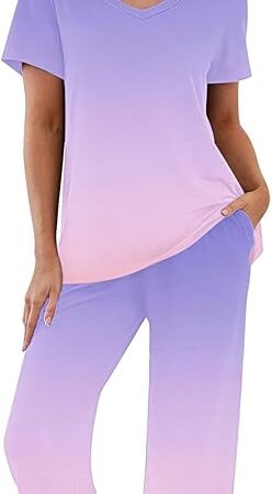 Women Pajama Set 2 Piece Summer Sleepwear Set V Neck Short Sleeve Tops with Capri Pant Homewear With Pocket Ladies Pjs