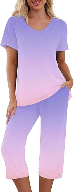 Women Pajama Set 2 Piece Summer Sleepwear Set V Neck Short Sleeve Tops with Capri Pant Homewear With Pocket Ladies Pjs