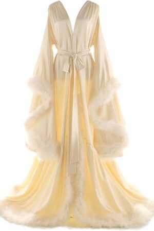 Women's Feather Bridal Robes Old Hollywood Maternity Photoshoot Nightgown Silk Bathrobe Long Lingerie