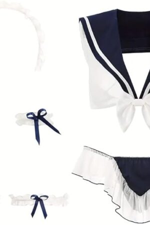 1Set Sexy Sailor Role-Play Costume with Bow Mesh Bra and Ruffle Thong Women's Lingerie Underwear Blue