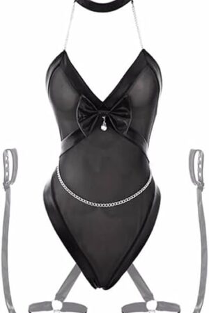 Women Lingerie Set Sexy Mesh Patchwork Leather Bodysuit With Wrist And Leg Ring See-through Deep V Low-cut Jumpsuit Halter Slave Maid Outfit