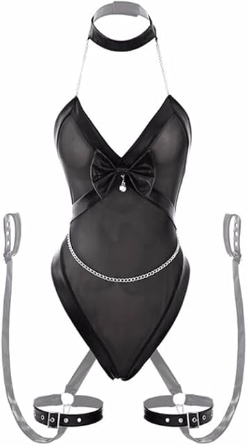 Women Lingerie Set Sexy Mesh Patchwork Leather Bodysuit With Wrist And Leg Ring See-through Deep V Low-cut Jumpsuit Halter Slave Maid Outfit