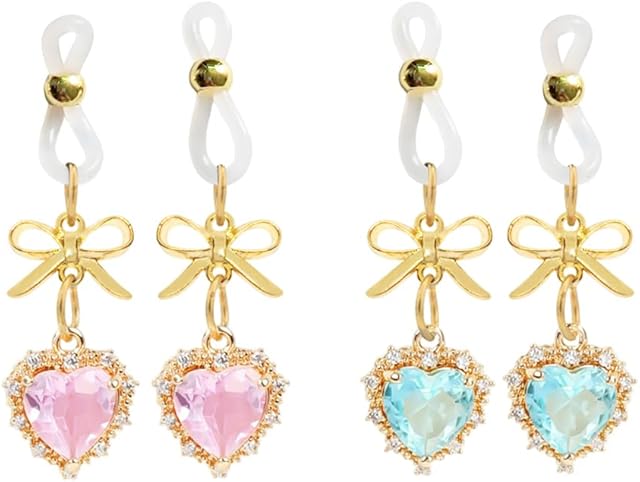 Crystal Heart Pendant Body Clamps Non-Pierce Jewelry with Bow, Red and Green Gemstones for Women Gold-Tone, 2 Pairs Adjust Tightness (2 Pairs - Pink Sapphire)