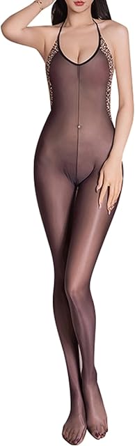 Bodystocking for Women Sexy Oil Shiny Bodystocking Nylon Leopard Print Halter Body Stocking