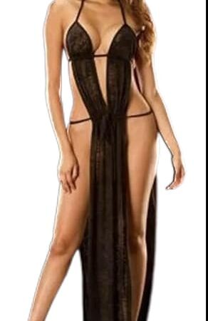 Elegant Long Gown Lingerie, Black Halter Neck Design, Floor Length
