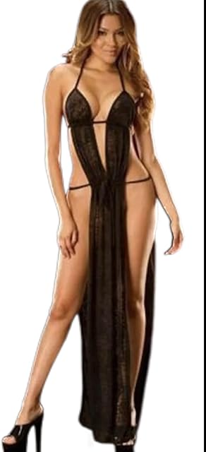 Elegant Long Gown Lingerie, Black Halter Neck Design, Floor Length