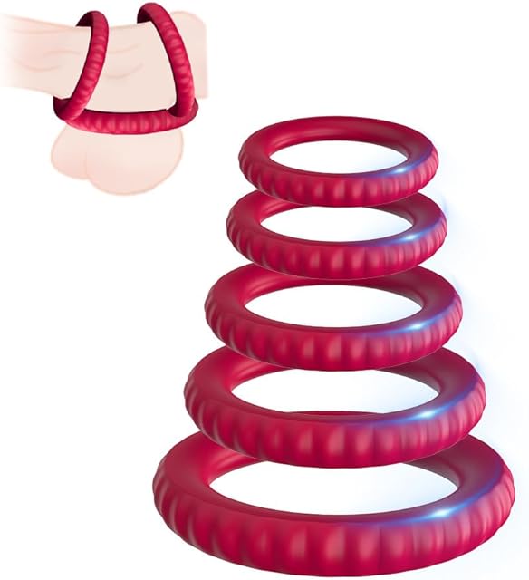 ERUN 6pcs Penis Rings Set, Silicone Cock Rings Male Delaying Penis Rings Set for Enhancing Stamina Ball Scrotum Stretche Rings Penis Stretcher Enhancer for Adult Men Sex Toys Red