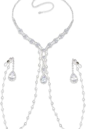 Crystal Body Chain Necklace Set with Rhinestone Pendants, Body Clamps Breast Silver Chain W-Tone Fashion Jewelry for Women (Concise-Wathet)