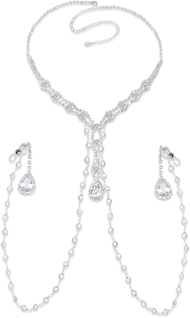 Crystal Body Chain Necklace Set with Rhinestone Pendants, Body Clamps Breast Silver Chain W-Tone Fashion Jewelry for Women (Concise-Wathet)