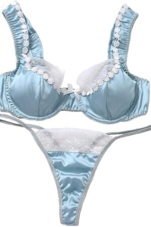 Women's Floral Lace Underwire Bra and Panty Sets Sexy Satin Thong Lingerie