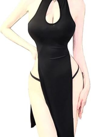 Women's Sexy Mesh Cheongsam Dresses Sexually Fun Pajamas High Split Cheongsam Nightgown Halterneck Clubwear Tights Dress Lingerie for Halloween Cosplay Party Costumes Club Black