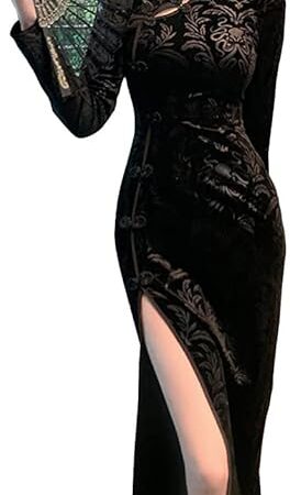 Women's Cheongsam Costume Long Sleeve High Side Slit Slim Fit Mandarin Collar Chinese Cocktail Qipao Dress Outfit
