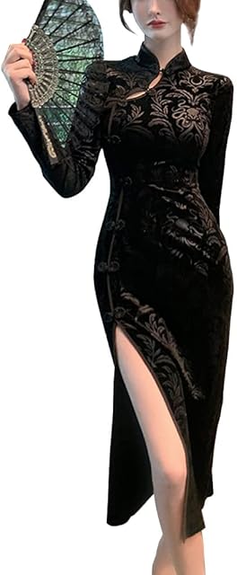 Women's Cheongsam Costume Long Sleeve High Side Slit Slim Fit Mandarin Collar Chinese Cocktail Qipao Dress Outfit