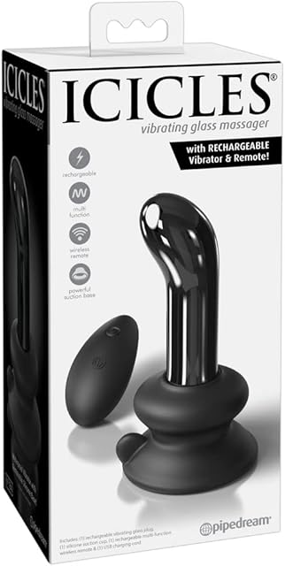 Icicles No. 84 Hand Blown Glass Vibrating Butt Plug with Remote-Control - Black