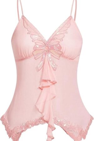 Women's Butterfly Babydoll Y2K Camisole Top Coquette Asymmetrical Cami Tops