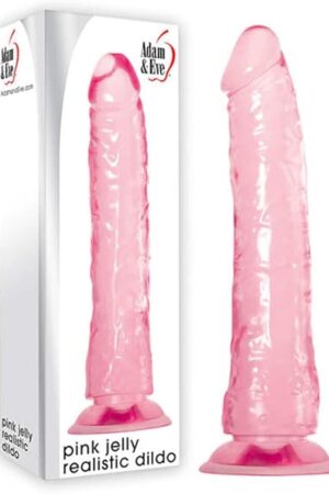 Adam & Eve Pink Jelly Realistic Dildo Suction Cup Base Hands Free Play Flexible Shaft Textured Veins for Added Stimulation Harness Compatible Waterproof Beginner and Couples Friendly 8.25 Inch