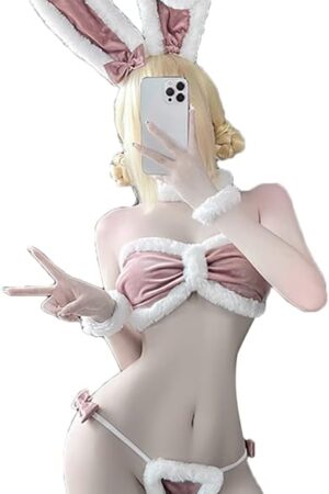 Kawaii Lingerie Sexy Bunny Cosplay Costume Naughty Anime Micro Bikini Maid Outfit Furry Velvet Bra and Panty Set