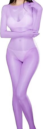 Women Men Sexy See Through Sheer Seamless Bodystocking Oil Shiny Glossy Bodysuit Catsuit Attatched Gloves