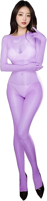 Women Men Sexy See Through Sheer Seamless Bodystocking Oil Shiny Glossy Bodysuit Catsuit Attatched Gloves