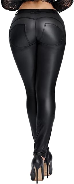 Faux Leather PU Elastic Shaping Hip Push Up Pants Black Thick Sexy Leggings for Women