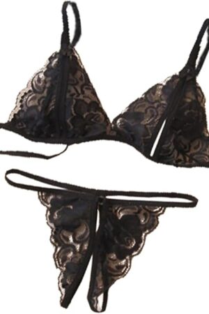 Women's Bra and Panty Set 2 Piece Sexy Lace Lingerie Set - Tie Bra with Strappy Panty Thong for Wedding, Travel