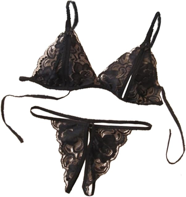 Women's Bra and Panty Set 2 Piece Sexy Lace Lingerie Set - Tie Bra with Strappy Panty Thong for Wedding, Travel