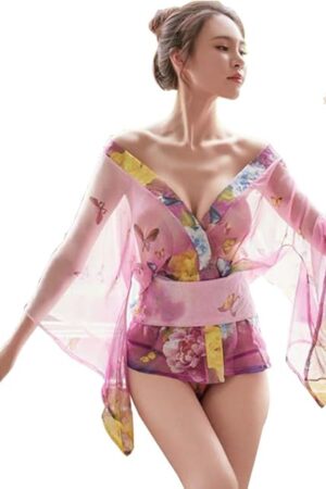 Japanese Kimono Lingerie For Women Print Dress Pajamas Cosplay Lingerie Set Sexy