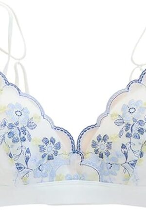 Embroidered Silk Bras for Women French Triangle Cup Wireless Bra Bralette Halter Top Sexy Thin Mulberry Silk Lingerie (Color : White, Size : L/Large)