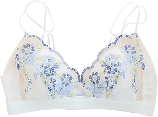 Embroidered Silk Bras for Women French Triangle Cup Wireless Bra Bralette Halter Top Sexy Thin Mulberry Silk Lingerie (Color : White, Size : L/Large)