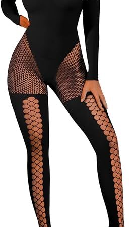 Womens Sexy Full Fishnet Bodysuit, One Piece Mesh Lace Jumpsuit Body Stockings, Rave Club Poster Exotic Dancer Outfit