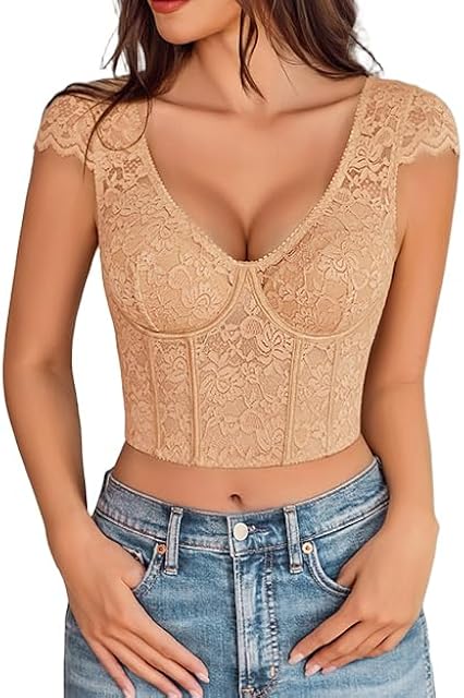 Corset Tops for Women Floral Lace Bustier Cap Sleeve Crop Top V Neck Y2K Clothes Sexy Going Out Outfit with Buckle