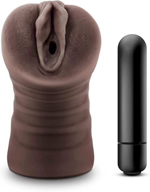 Blush Adult Sex Toys Male Masturbator with Bullet Vibrator - Open Ended Lifelike Textured Ribbed Vagina - One Speed Vibrating Masturbating Stroker - Pocket Pussy for Men - Hot Chocolate Brianna