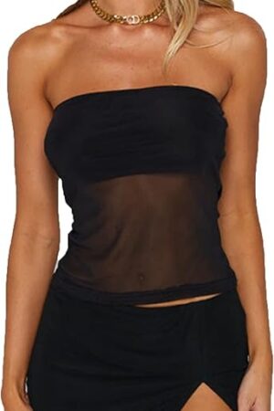 Womens Strapless Lace Tube Tops Y2K Sheer Mesh Bandeau Crop Tanks Top Summer Sexy Camisole Shirt Clubwear