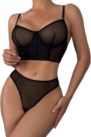 Women's 2 Piece Sexy Bra and Thong Lingerie Set Sheer Mesh Bralette and Panty Set
