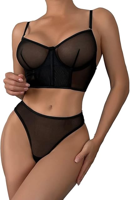 Women's 2 Piece Sexy Bra and Thong Lingerie Set Sheer Mesh Bralette and Panty Set