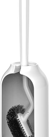 HAMITOR Toilet Bowl Brush Holder Set: Bathroom Deep Cleaning Toilet Cleaner Scrubber Under Rim with Curved Bristle for Dead Corner Clean - Hidden Rv Toilet Decorative Accessories with Caddy- White