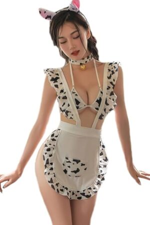 Womens Dalmatian Cow Milk Print Lingerie Sexy Anime Cosplay Costume Kawaii Cute Cow Leopard Maid Mini Bikini Lingerie Set