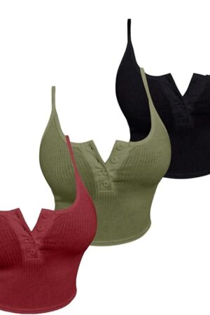 Women's Button Down Ribbed Cami Top 3 Piece Spaghetti Strap Sexy Crop Camisole Tops