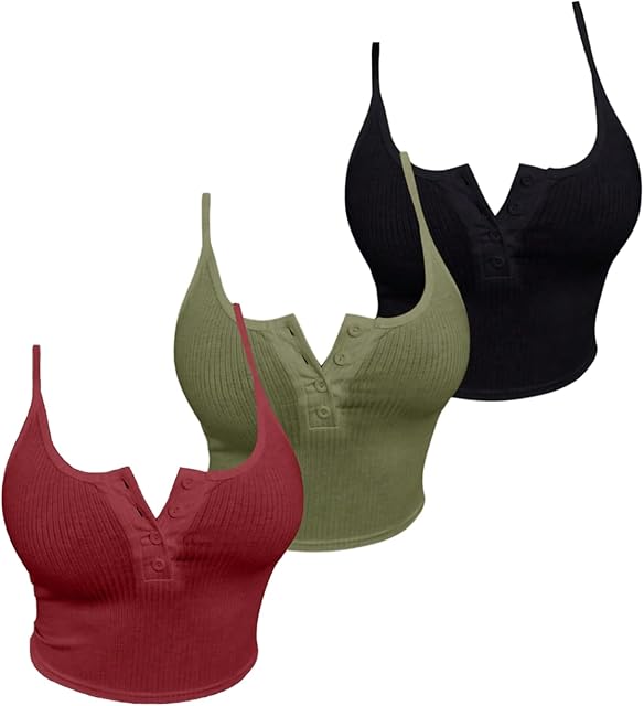 Women's Button Down Ribbed Cami Top 3 Piece Spaghetti Strap Sexy Crop Camisole Tops