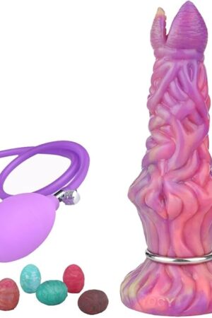 Alien Ovipositor Dildo with 5 Balls, 8 Inch Luminous Silicone Dildo with 5 Eggs for Women, Men, Couples Adult Sex Toy, Fantasy Knot Dildo Glow in The Dark Harness Compatible - Purple Inflatable Pump