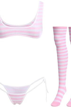 Women Cute Kawaii Anime Lingerie set Halter Strap Micro Bra Tiny Panty Garter Belt Striped Stockings 4Pcs Underwear